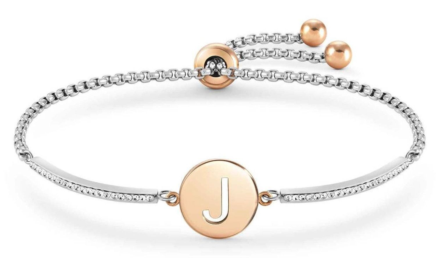 Bransoletka Nomination Italy z kolekcji Milleluci Letters. Wykonana ze stali szlachetnej, zdobiona mieniącymi się, błyszczącymi cyrkoniami pave oraz zawieszką z literą J w kolorze różowego złota.  (2).jpg